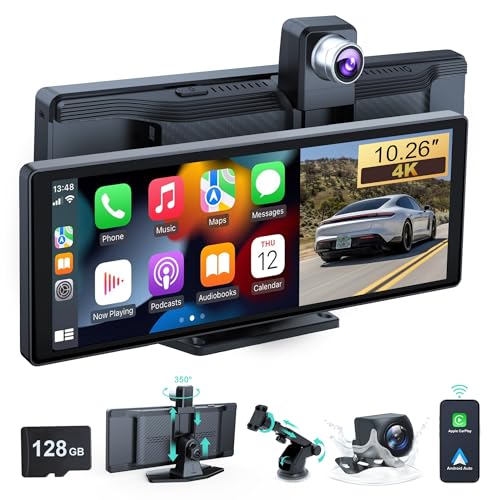 Ecrã carro de 10,26 polegadas, compatível com CarPlay sem fios e Android Auto, ecrã Carplay com gravador de condução dianteiro e traseiro 4K +1080P, com Mirror Link/128G TF