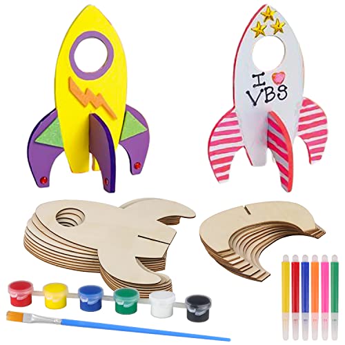 Prmape 18 peças foguetes decoração, 10 peças foguetes de madeira com suporte + 6 peças caneta de aguarela 1 peça pigmentos 1 peça 1 peça pincel, foguetes de brinquedo para crianças 5 6 7 8 anos