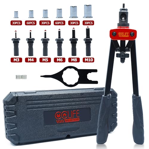 CCLIFE Rebitador de porcas inclui 240 porcas rebitáveis M3 M4 M5 M6 M8 M10 conjunto de porcas rebitáveis com pistola de porcas de cabo duplo