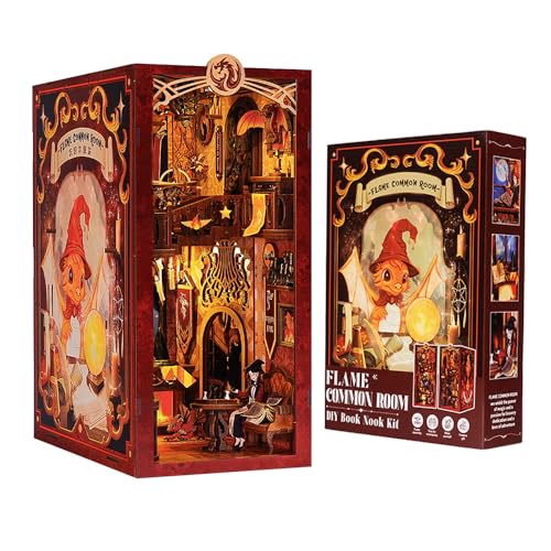 CUTEBEE Casa de bonecas em miniatura com móveis, DIY Book Nook miniatura para casas de bonecas kit de canto de livros à prova de poeira e com luz LED (Flame Common Room)