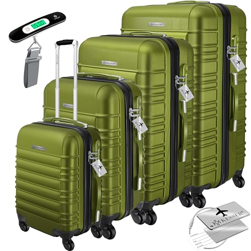 KESSER® Conjunto de 4 malas rígidas, conjunto de mala Trolley Incl. Balança de bagagem etiqueta de bagagem mala rolante fechadura 4 rodas ABS capa rígida alça telescópica S-M-L-XL, caqui, Trolley