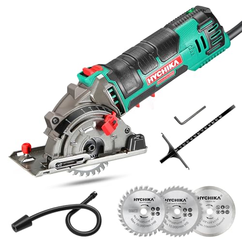 HYCHIKA Mini serra circular manual de 500 W e 4500 rpm, 3 lâminas de serra de 30T, 36T e diamante, ideal para cortar azulejos, madeira, metal macio, plástico