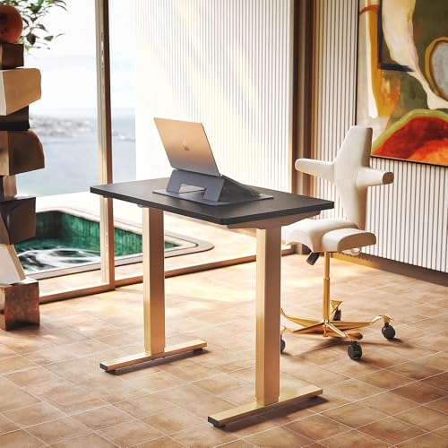 HUANUO 80 x 48 cm, mesa elétrica regulável em altura, 4 configurações de altura memóriáveis, mesa para trabalho em casa e computador, moldura preta e dourada