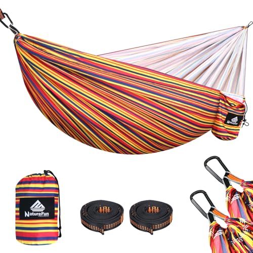 NATUREFUN Rede ultraleve para Camping| 300 kg de capacidade de carga, estilo paraquedas, de Nylon, respirável e de secagem rápida 2 mosquetões premium, 2 lingas de nylon incluídas.