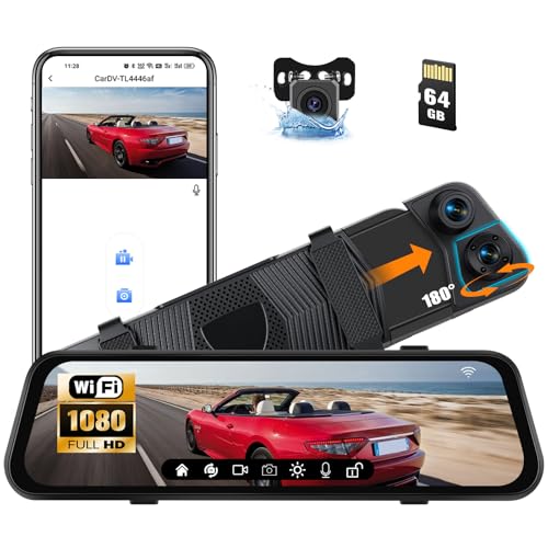 CAMECHO 1080P Retrovisor Mirror Dash CAM 9,66 polegadas carro com 2 câmaras 720 P, dianteiro de 150 ° e traseira, Dashcam de 120 °, com linha reversa, visão noturna, sensor G, cartão de 64 GB, WiFi