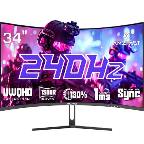 Amzfast Monitor de jogos curvo de 34", 240 Hz, UWQHD 3440 x 1440, 21:9, 1 ms MPRT, AMD FreeSync Premium, sRGB 130 % / DCI-P3 98%, HDMI 2.1, DisplayPort, Eye-Care, VESA 77. 5x75, Pip/PBP - Modelo