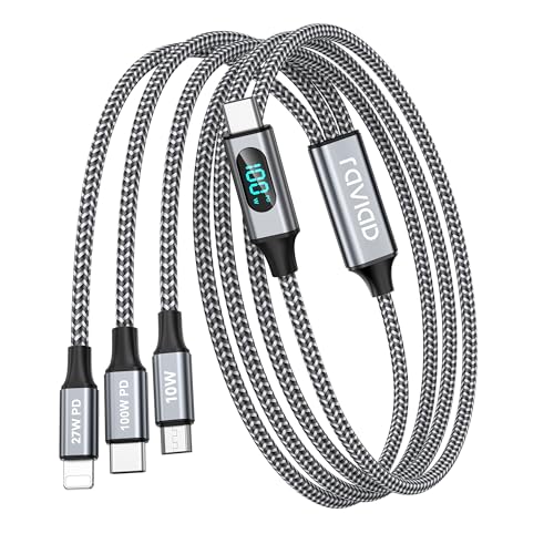 RAVIAD Cabo USB C de 100 W para cabo múltiplo de carregamento rápido [1,2 m] múltiplos micro USB C tipo C Lightning cabo com ecrã LED para iPhone 16/15/14, Galaxy S24/S23, Pad Pro/Mini, MacBook