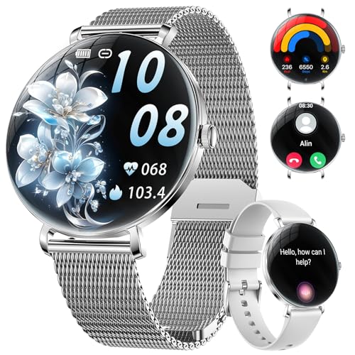 ESFOE Smartwatch Mulher, 1,43'' Curva AMOLED relógio inteligente mulher com chamada Bluetooth, função feminina/24H pulso / sonho/120 modo desporto/IP68 podómetro calorias iOS Android, prata malha