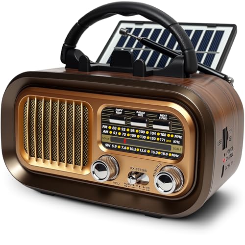 Rádio portátil pequeno, Am/FM/SW transistores rádio com painel solar, rádio Bluetooth retro alimentado por baterias recarregáveis de 1200 mAh ou pilhas D, rádio FM suporta USB/cartão TF/TWS