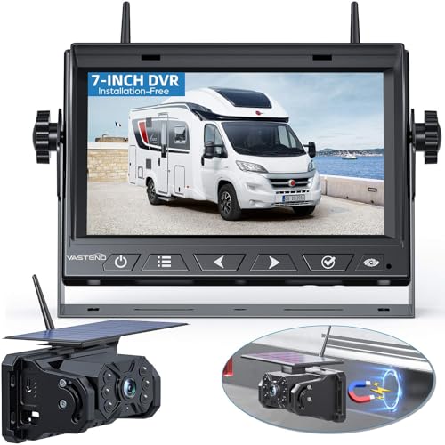 VASTEND Câmara traseira carro sem fios solar, monitor magnético de 1080 P 7 polegadas com bateria recarregável 1000 mAh, instalação de bricolagem, para campismo, camião, RV