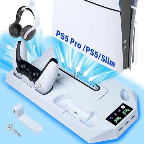 Sehawei Suporte PS5/PS5 Pro de refrigeração, base de carregamento para PS5 comando, ventilador para PS5 console de 3 velocidades com 3 USB HUB para PS5 Pro/PS5 Slim Disc & Digital/PS5 Disc &
