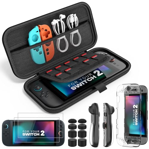 MoKo Funda Compatible con Nintendo Switch 2 (2025), 14 en 1 Switch 2 Accesorios Kit con Funda, Funda para PC y Carcasa de TPU JoyCon, 2x Protector de Pantalla y 8x Protectores de Pulgar,Negro