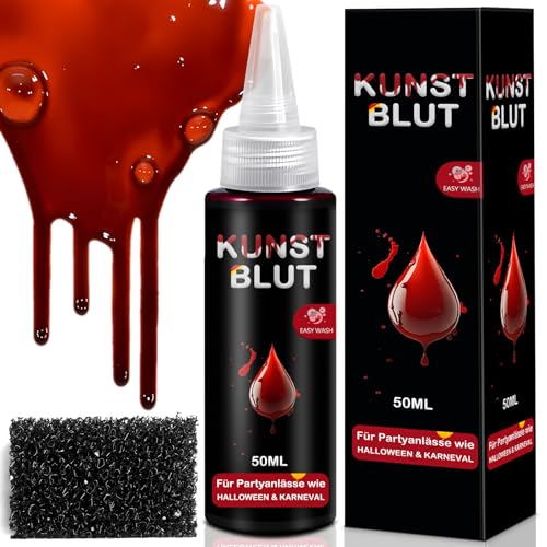 SEO-FANALLY Sangue falso maquilhagem Halloween 50 ml +1 esponja, seguro e não tóxico, lavável, efeitos realistas, para o Hallowee, zombie, vampiro, cosplay, maquilhagem de palhaço de teatro