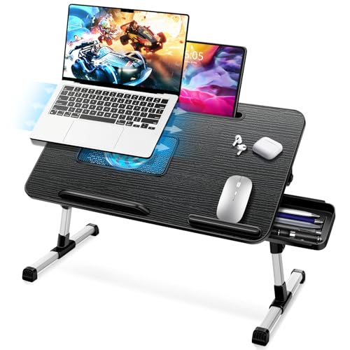 ICARE Mesa de cama, mesa portátil computador com frigorífico portátil, suporte para tablet e gaveta, mesa dobrável regulável em altura e ângulo, bandeja para cama, sofá, chão (53 x 30 cm, preto)