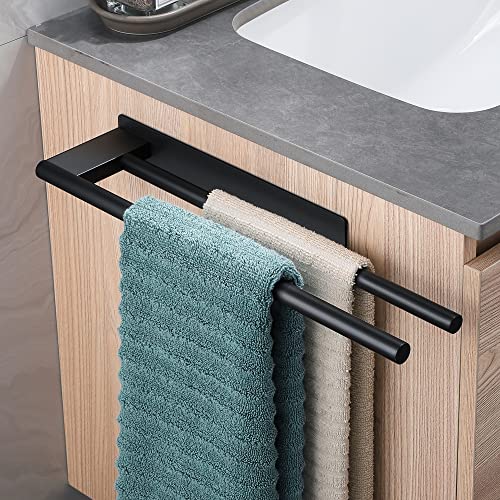 Dvocel Toalheiros de casa de banho sem broca toalheiro autocolante dupla barra de aço inoxidável preto 39 cm toalheiro para casa de banho e cozinha