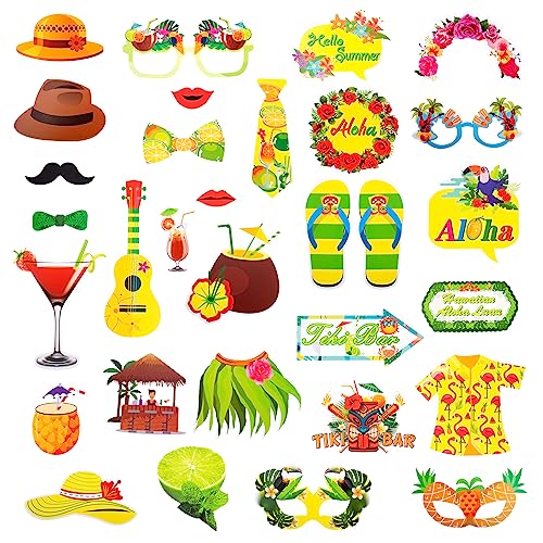 RUCUDIM Photo Box Props acessórios pacote de 33 Hawaii Photo Props Photo Box acessórios Party Photo Booth Props com paus e cola decoração de festa para o verão praia férias aniversários