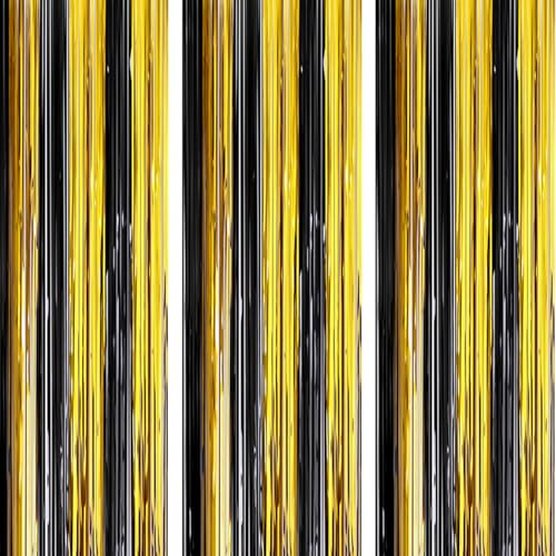 AILEXI 3 Pacotes de malha metálica, cortinas, lâmpadas, franjas, reflexos brilhantes, janela, decoração da janela, para aniversários, banquete de casamento, suprimentos 1 * 2,5 m - ouro preto