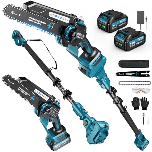 2 em 1,8 polegadas Mini serra e serra de pertiga sem fios com 2 baterias de 4000 mAh, serra mosquiteira sem escovas com telescópicas para exterior, expansível até 4 m