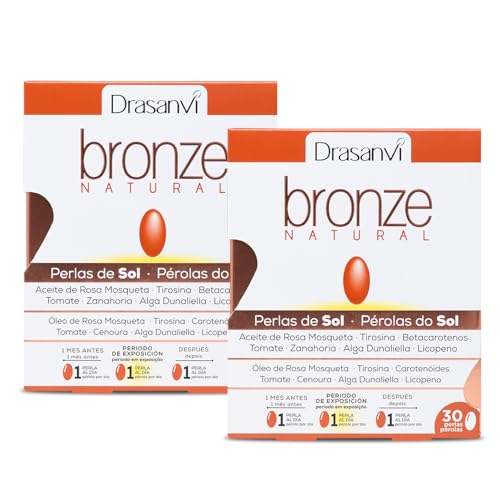 Drasanvi BRONZE Acelerador de bronzeamento, betacarotenos, protege a pele contra raios UVA e evita o envelhecimento, rosa mosqueta, tomate, cenoura e algas dunaliella, Vit. E, licopeno, luteína