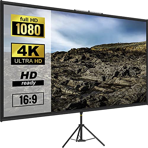 VEVOR Tela para projetor de 110" Tela de projetor HD de 16:9 4 K ecrã de projetor com tripé de altura ajustável 200 - 250 cm, 160 graus 244 x 137 cm para um cinema, casa, sala multimédia