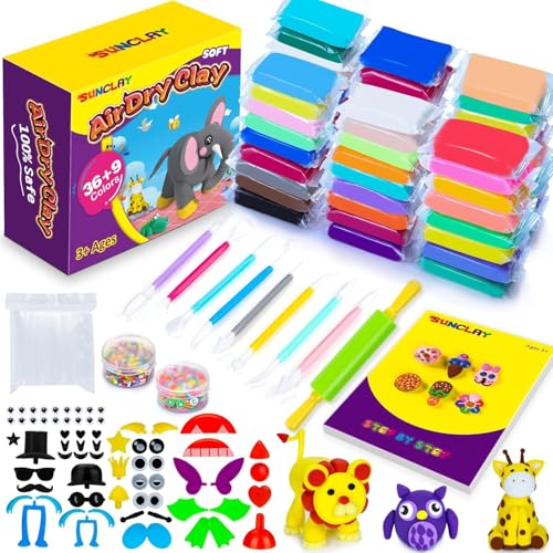 SUNCLAY Argila plástica seca ao ar - 45 cores argila para modelar com 80 páginas tutorial 9 ferramentas 5 acessórios de plástico para crianças de 3 4 5 6 7 8-12 anos