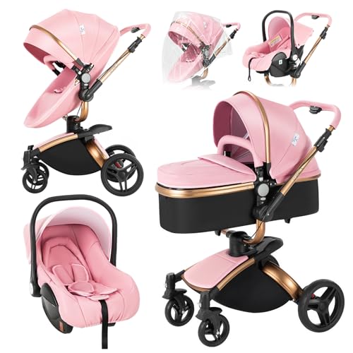 Magic ZC 360° Carrinho de couro PU de 3 em 1, carrinho de 3 peças com design portátil dobrável de um clique, carrinho de três peças carrinho de bebé com impulso reversível bidirecional (906 Pink)