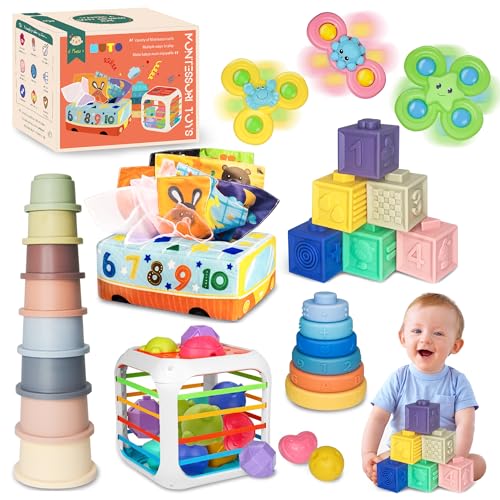 MutoToy Brinquedos bebés 6-12 meses, 6 em 1 brinquedos Montessori bebés 6 meses brinquedos crianças 1 ano educativo cubos empilháveis bebé brinquedos sensoriais cubo atividades bebé caixa de lenços de