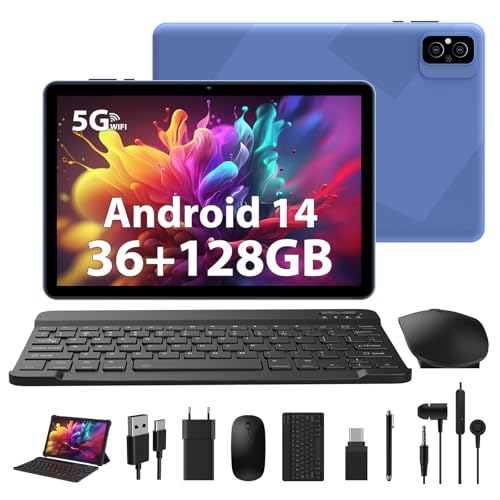 WOREGOO Tablet de 10 polegadas, Android 14 Tablet tátil 36G RAM 128G ROM, 5G WiFi, Octa-Core 2,0 GHz, 8000 mAh, 1280 * 800 HD, câmara 5 MP + 8 MP com teclado/rato/capa - azul