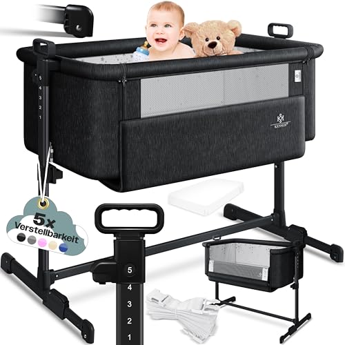 KESSER® Cama extra Hubi 3 em 1, colecho para bebé com colchão branco, berço - com rodas, ajuste de altura em 5 posições, painel lateral dobrável, para casa e de viagem, preto
