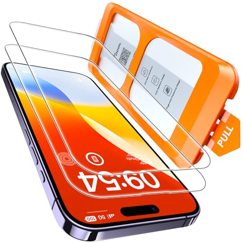 TOCOL 2 peças protetor de ecrã para iPhone 14 Pro, alinhamento automático para instalação rápida, sem bolhas, anti-riscos, vidro temperado com dureza 9H+reversível, HD transparente