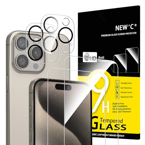 NEW'C 4 Pack, 2 x protetor de ecrã para iPhone 15 Pro Max (6,7 polegadas) e 2 x protetor de ecrã protetor de lente de câmera, vidro temperado, ultra resistente, vidro dureza 9H