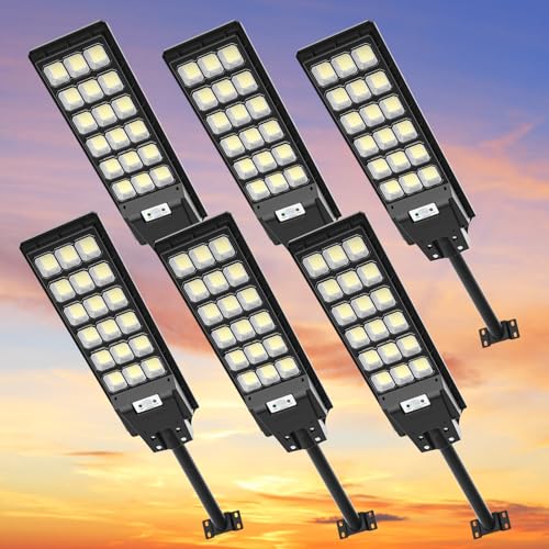 Viugreum 6 pacotes de luzes solares exteriores 600 W, potente com controlo remoto, IP65 impermeável, 6500 K holofote solar com sensor de movimento, luz de segurança para jardim e pátio