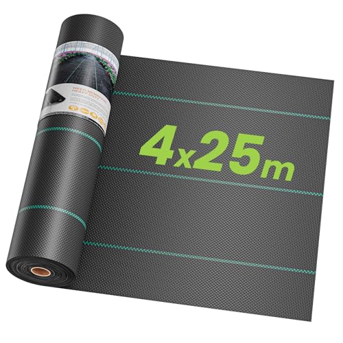 OUNUO 4 x 25 m malha anti-ervas, malha contra ervas daninhas, 90 g/m² geotêxtil, proteção contra ervas daninhas, jardim, anti-UV, preto