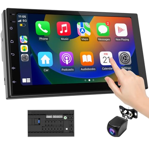 Haudio Rádio carro 2 DIN com CarPlay sem fios e Android Auto, ecrã táctil de 7 polegadas, suporta mãos livres/FM/Mirror Link/AUX com câmara de apoio (RAM 2 GB + ROM 32 GB)