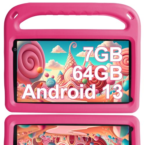 Newest Tablet crianças Android 13 7 GB RAM + 64 GB ROM, tablet para crianças de 7 polegadas, WiFi, Bluetooth, GPS, educação jogos, Play Store, câmara dupla, controlo parental, com EVA capa - rosa