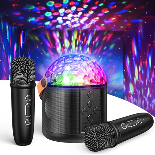 Karaoke 2 Microfones sem fios, Karaoke profissional microfone sem fios com luzes LED discoteca microfone Karaoke adulto infantil brinquedos presente menino karaoke portátil para festas em casa (preto)