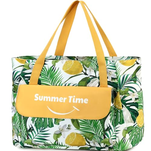 Myhozee Borsa Mare Grande xxl Famiglia, Borsa da Spiaggia Donna, com chiusura lampo, borsa estiva da spiaggia, impermeável, per piscina, gite in spiaggia piquenique viaggi Foglia verde, Amarelo limão