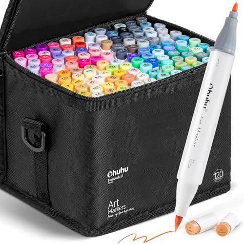 Ohuhu Marcadores de ponta dupla de 120 cores (Brush & Fine Tip) Sketch Markers for Kids, Artist Art Markers for Adult Coloring and Illustration, bónus de 1 liquidificador