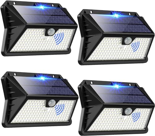 OUILA Luz solar exterior, 4 pacotes de 185 LED, 3 modos, holofotes solares exteriores com sensor de movimento, IP65, candeeiros exteriores impermeáveis para jardim, garagem, rua, pátio, caminhos