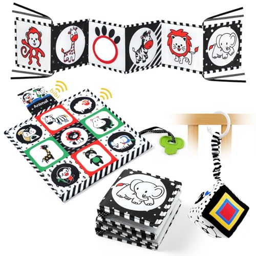Aolso Livros tecido bebé, livro tecido sensorial bebé chocalhos bebé, livros sensoriais bebé em preto e branco brinquedos montessori, brinquedos sensoriais de alto contraste bebés