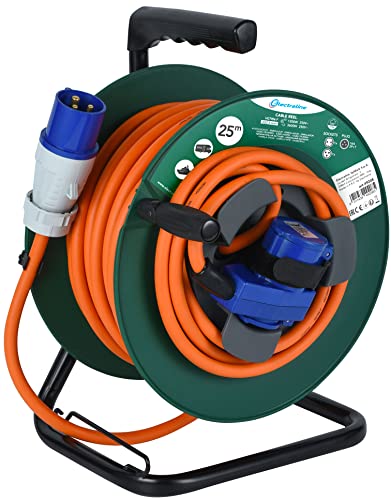 Electraline 49208 Cabo de extensão industrial de 25 m para campismo, campismo, caravana, com tomada dupla (1 CEE industrial +1 Schuko), tomada CEE IEC, cabo H07RN-F 3G2,5 mm IP44, verde