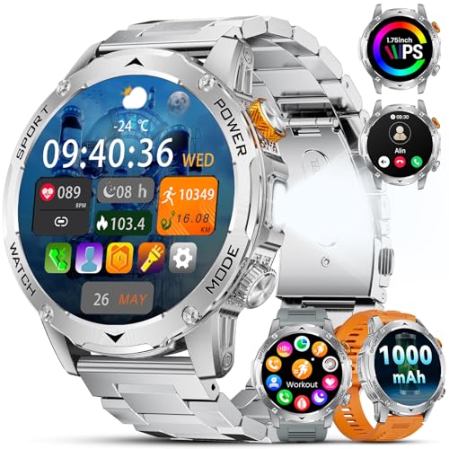 Relógio inteligente homem 1000 mAh bateria/1,75'' HD ecrã grande, smartwatch homem com lanterna/130 modos de desporto, IP68 impermeável, frequência cardíaca/monitor de sono, para Android iOS, prata