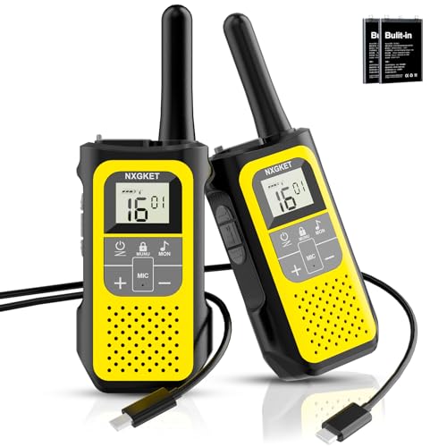 Walkie Talkies Longo alcance para crianças adultos, NXGKET 16 canais de rádio recarregável, 5 km de alcance com bateria de iões de lítio, cabo de carregamento USB-C, VOX para caminhadas e campismo