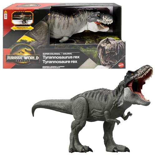 Mattel Jurassic World: O renascimento, Tiranossauro Rex Supercolossal figura de ação de dinossauro que "come" os Minis, fiel ao filme e articulado, JBG52