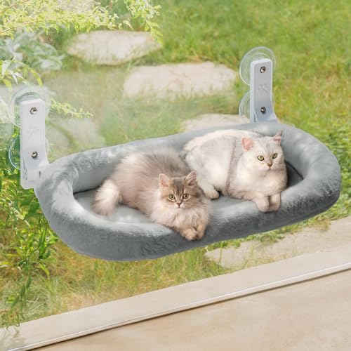 MEWOOFUN Rede grande com janela para gatos com cobertura grossa removível, cama dobrável para janela para gatos, resistente para os gatos tomarem sol, com 4 ventosas fortes que suportam