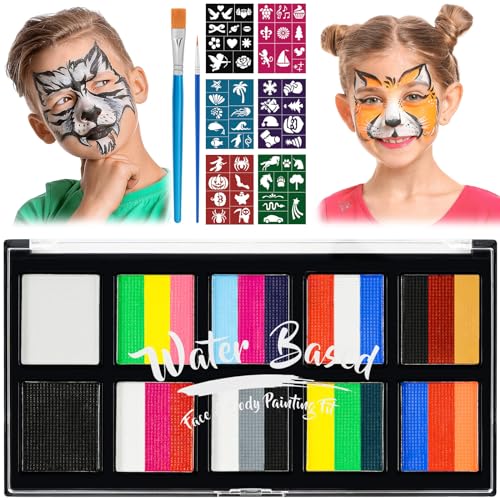 LOPHE Pintacaras infantis, 26 faixas de pintura facial para crianças com 2 pincéis e 6 modelos, segurança pintura facial e corporal para maquilhagem infantil, pinturas crianças Halloween festival