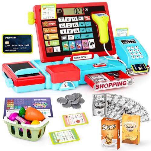 2025 maysida caixa registadora de brinquedo para crianças-loja de brinquedo com / scanner/cartão de crédito/dinheiro de brinquedo / comida / microfone, brinquedo de aprendizagem presente para menino