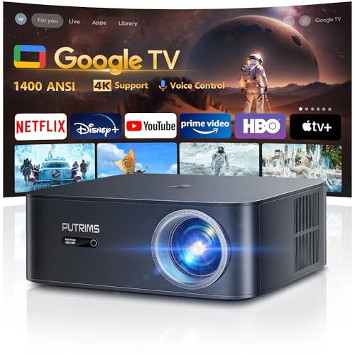 1400 ANSI/Google TV: Smart Projetor de 4K WiFi6, Bluetooth5.2, Full HD 1080P nativo com Netflix oficial, Auto Focus/Keystone e Zoom 50%, controlo de voz, projetor de cinema para telemóvel, PC/HDMI/USB