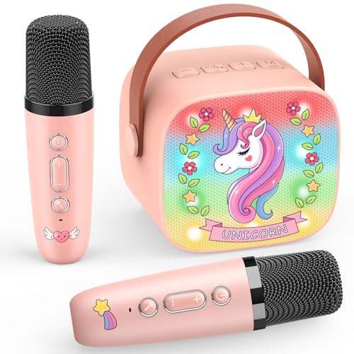 Dislocati Karaoke Infantil 2 microfones sem fios karaoke, unicórnios presente para meninas 3-12 anos microfone sem fio Bluetooth para cantar brinquedos menina 3-12 anos microfone presente páscoa