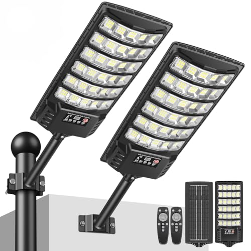 PEAKRO Farolas Solares Exterior, 400W Potente Focos LED Solar con Control Remoto, IP66 Impermeable 6000K Luz Solar Exterior Sensor de Movimiento Lampara Solar Jardín para Garage Patio, 2 Pack